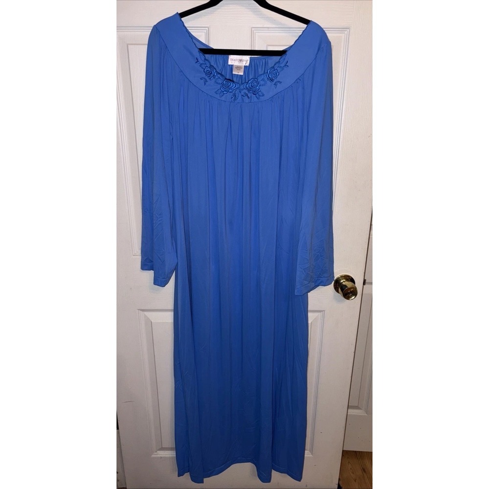 New Shadowline Nightgown 3X Royal Blue Embroidered Lace Long Sleeve Maxi Gown
